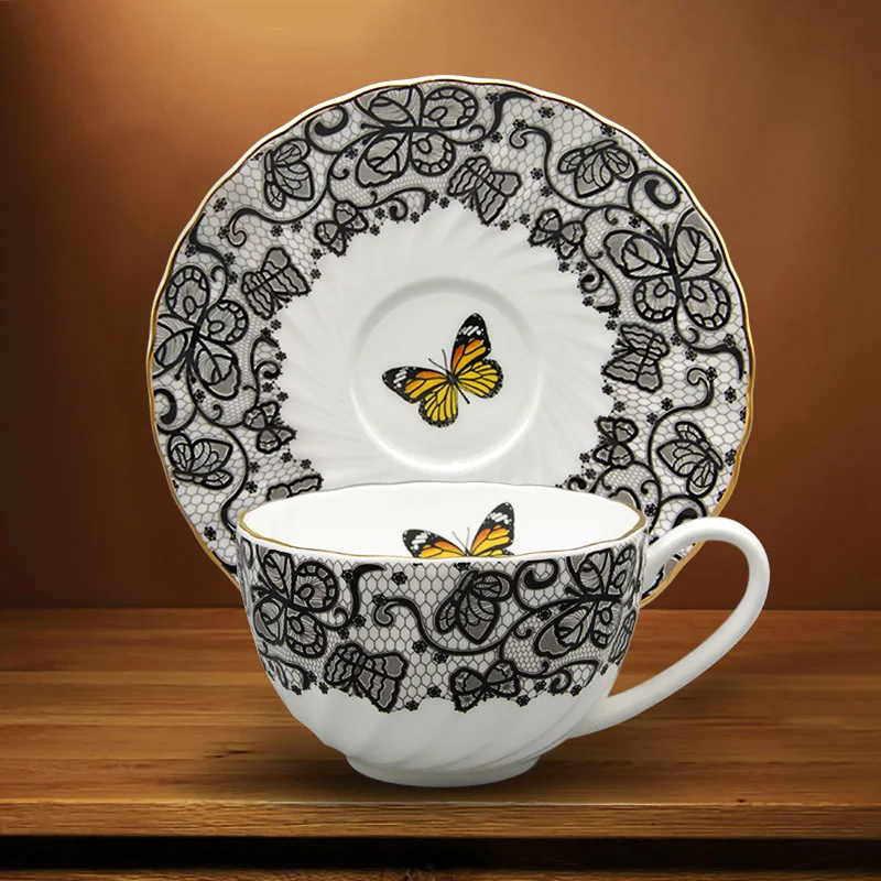 

High grade bone china exquisite retro lace swirling pattern coffee cup plate afternoon tea cup net red coffee cup tea cup