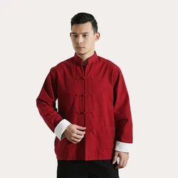 Red 100% Cotton Men's Solid Traditional Chinese Kung Fu Jacket Coat Tai Chi Uniform Double deck Long Sleeve Shirt t shirt homm