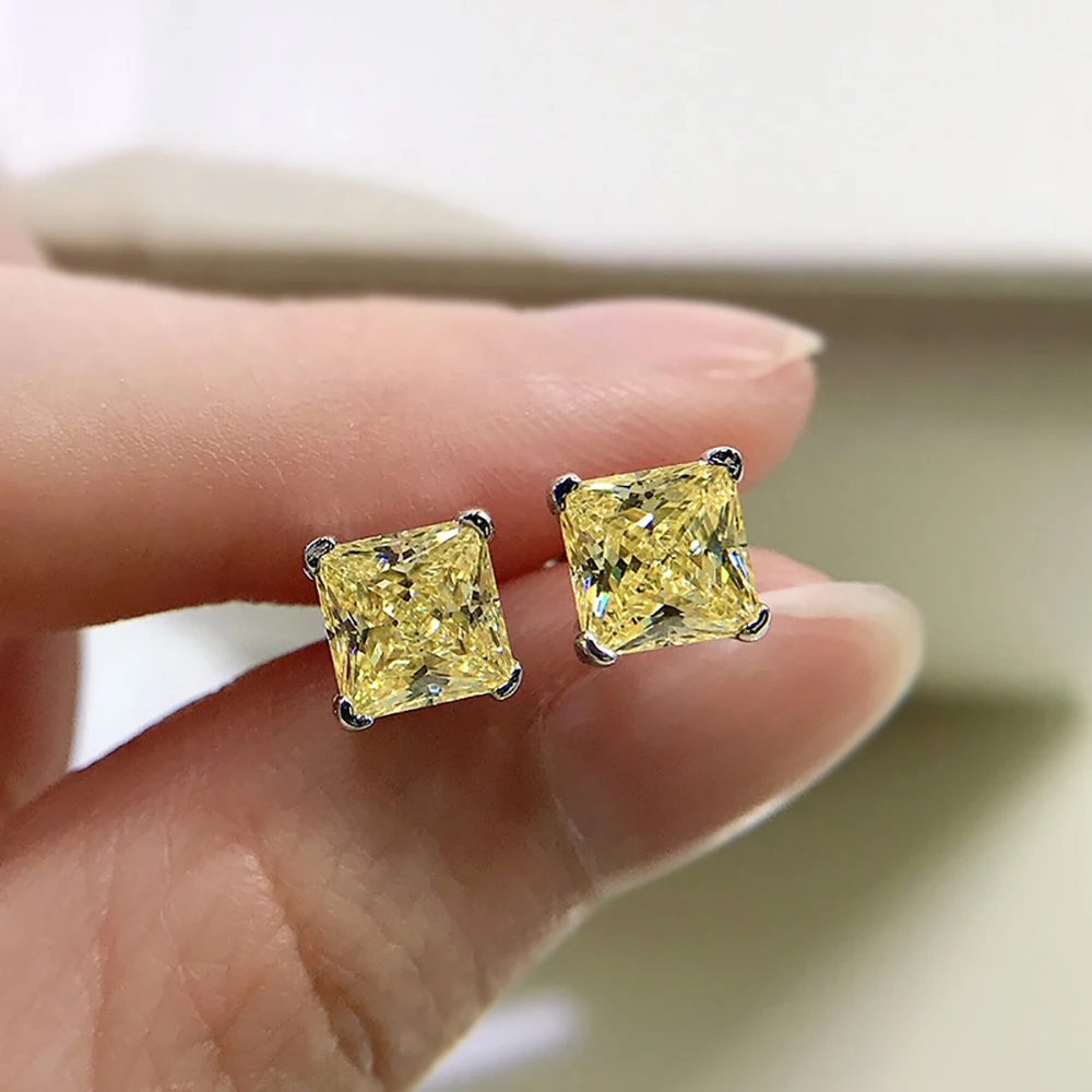2021 Trend 100% 925 Sterling Silver Gemstone Stud Earrings for Women Luxury 6*6 Topaz Wedding Party Earrings Fine Jewelry Gift