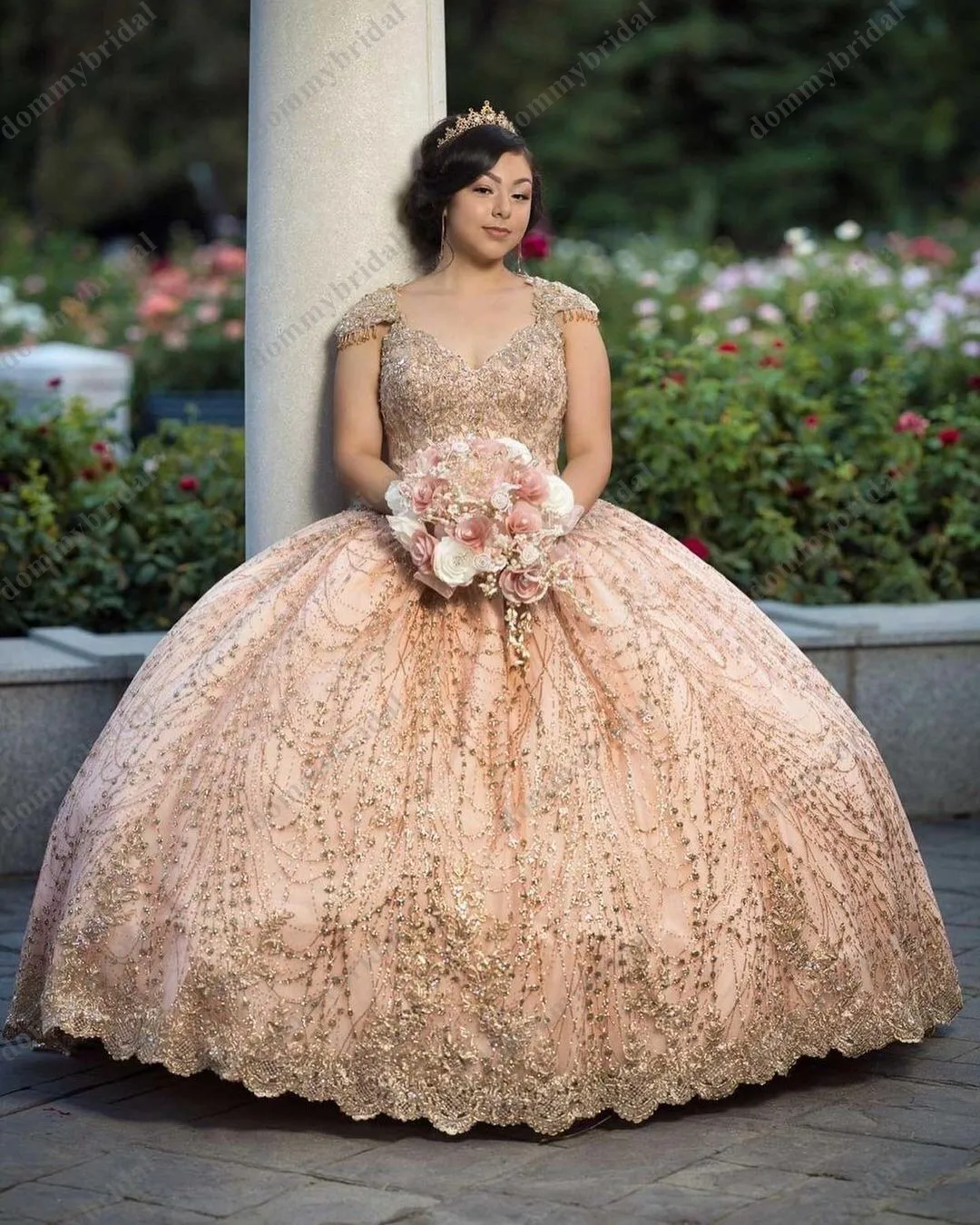 Glitter Rose Gold Pailletten Stoff Ballkleid Cap Kurzen Ärmeln Keyhole Zurück Korsett Quinceanera Kleid Prom Cocktail Formale XV