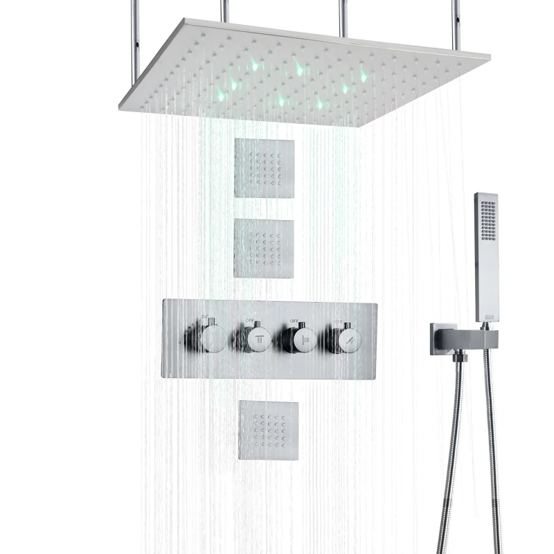 

Brushed Nickel Thermostatic Shower Mixer 20 Inch LED Bathroom Rainfall Concealed Shower System With Hand Shower