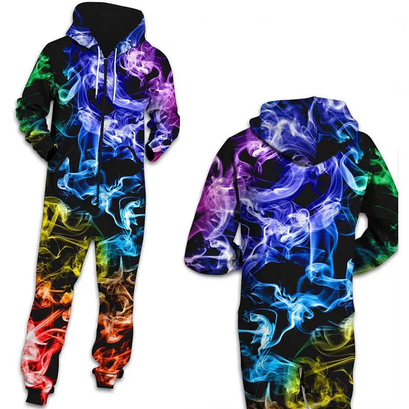 Women Men Autumn Plus Size Tie-Dye 3D Print Hooded Zipper Fleece Jumpsuit Fashion Casual Loose Romper Overalls Sleepwear Onesie