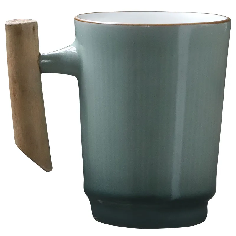 PINNY-tazas de cerámica Cyan Glaze de 320ML, taza de café moderna para oficina, taza de desayuno con mango de madera