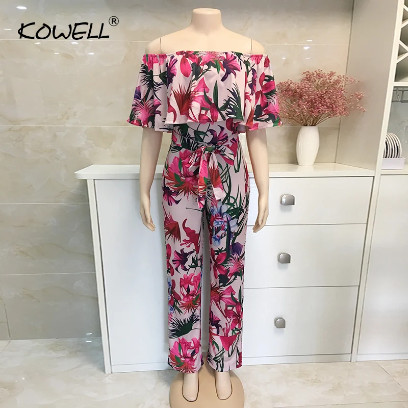 2020 Bohemian Floweral Print Lace Up Jumpsuits&Rompers Off Shoulder Plus Size Women Jumpsuit Summer Beach Sexy Jumpsuit Overalls