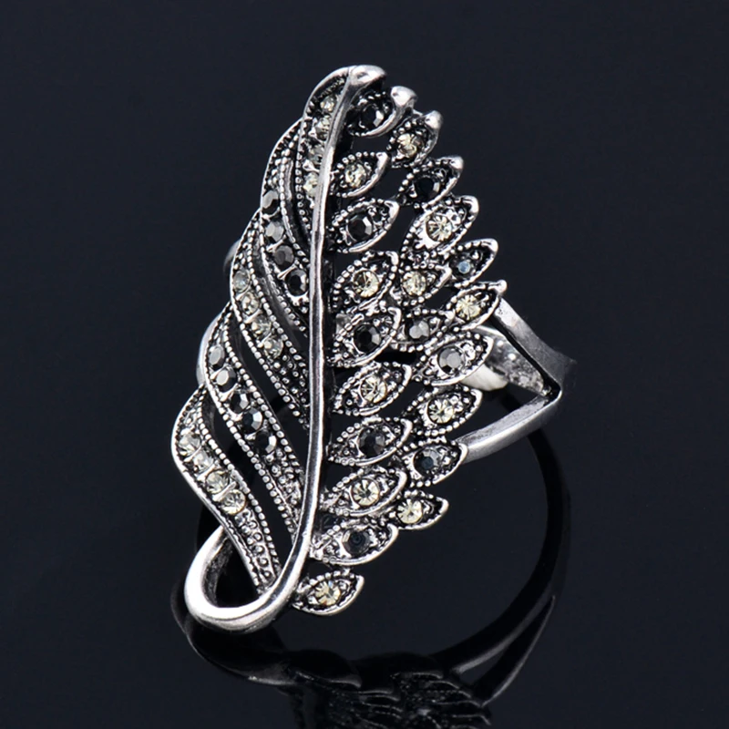 SINLEERY Trend Vintage Black Cubic Zircon Hollow Leaf Big Rings For Women Silver Color Fashion Jewelry