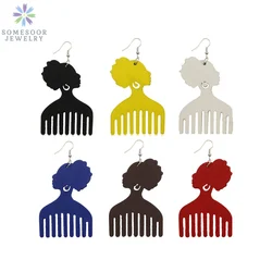 SOMESOOR Print Afro Woman Comb Wooden Drop Earrings African Ethinc Tribal Headwrap Design Bohemian Dangle Jewelry For Women Gift