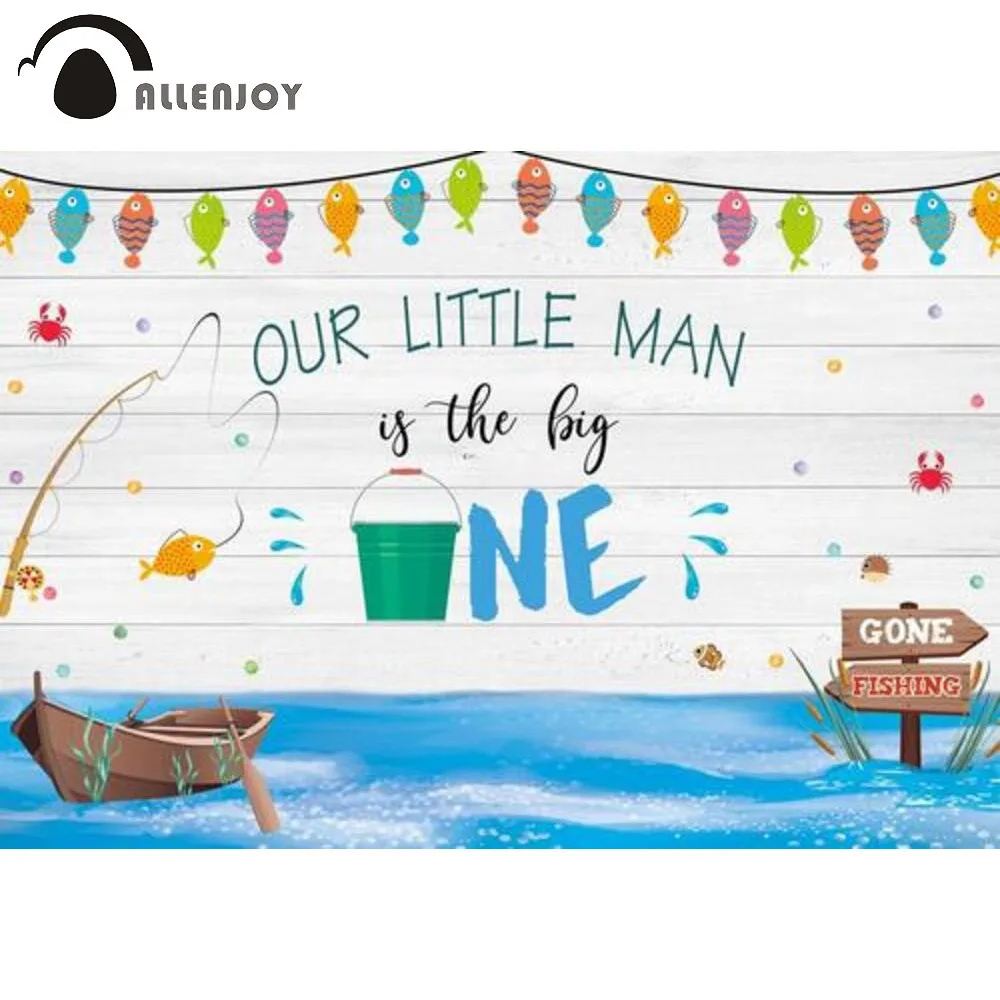 

Allenjoy 1st One Birthday Party Background Gone Fishing Wood Boat Sea Boy Baby Shower Decoration Photography Props Backdrop