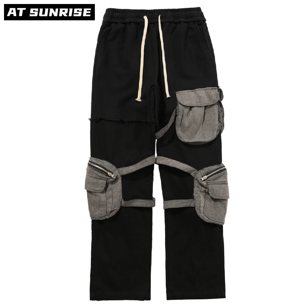 

Black Tooling Casual Pants Men Hip Hop streetwear High Street Joggers Cargo Pants Multi-Pocket Fashions Splicing Army Trousers