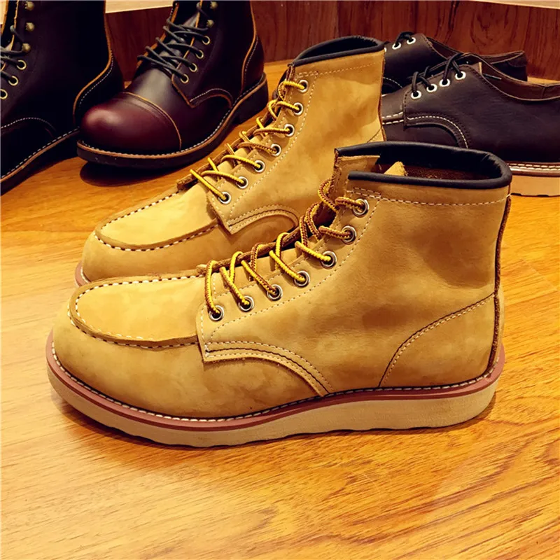 New Handmade Breathable High Quality Fashion Genuine Leather Men Shoes Red Ankle Boots Wings Motorcycle Boots Lace-up Work Boots