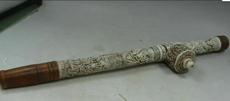 Collectibles Decorated Chinese handwork Carved Dragon old long smoking pipe