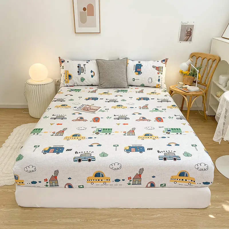 Bonenjoy 1pc Pure Cotton Fitted Bed Sheet With Elastic Cartoon Car Print Bed Cover Single Queen Size Bottom Sheet(No Pillowcase)