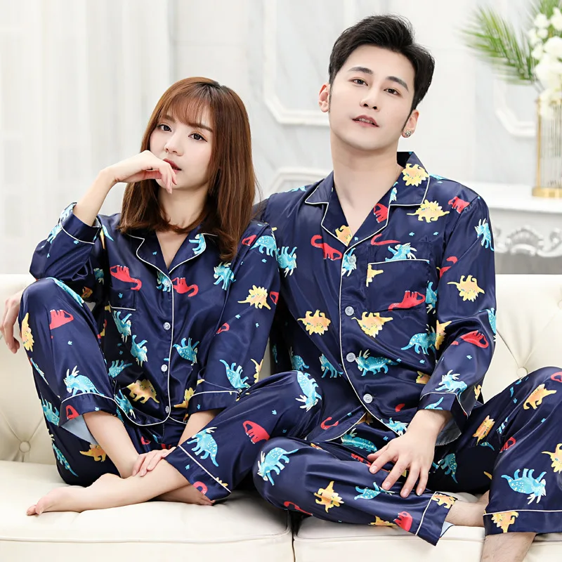 Summer Couple Men Women Cute Dinosaur Printed Stain Lapel Long Sleeve Pants Sleepwear Lovers Female Pajamas Pyjamas Homewear