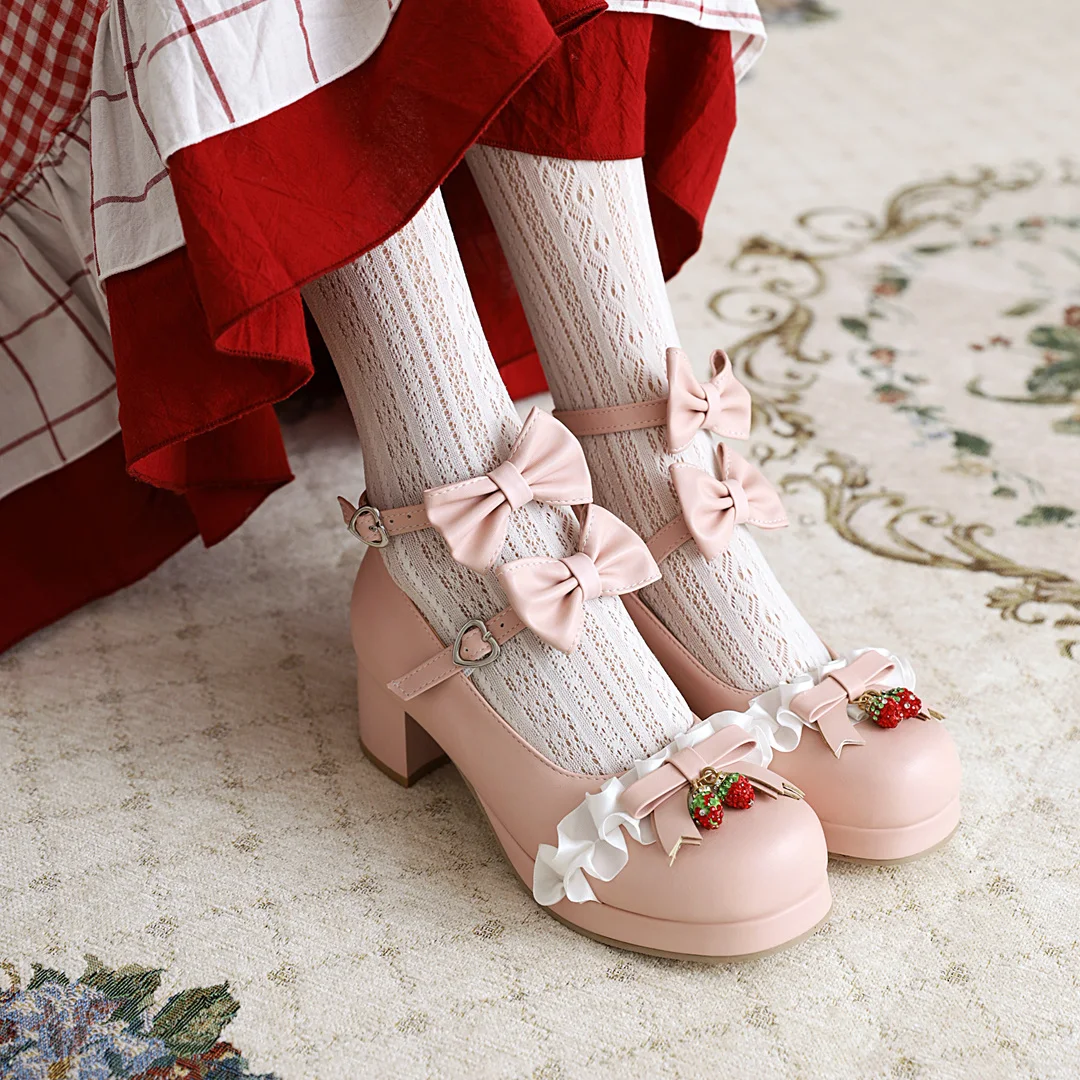 Women Lolita Shoes Girls Kawaii Mary Jane Platform Pumps Strawberry Bow Block High Heels Princess Japanese Cosplay Wedding Party