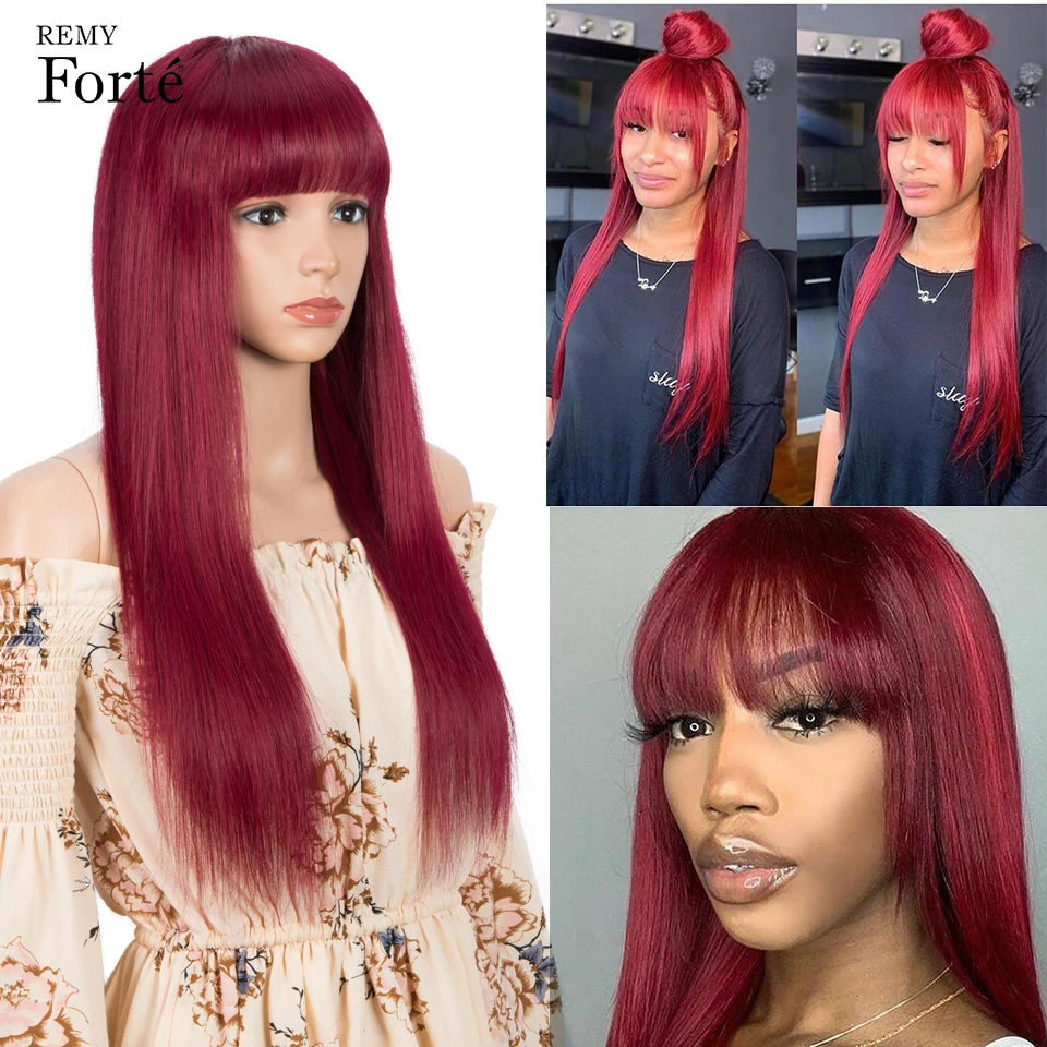 Remy Forte Rambut Manusia Wig 28 Inch Merah Rambut Lurus Wig dengan Poni untuk Wanita Berwarna Brasil Rambut Alami Cosplay bob Wig