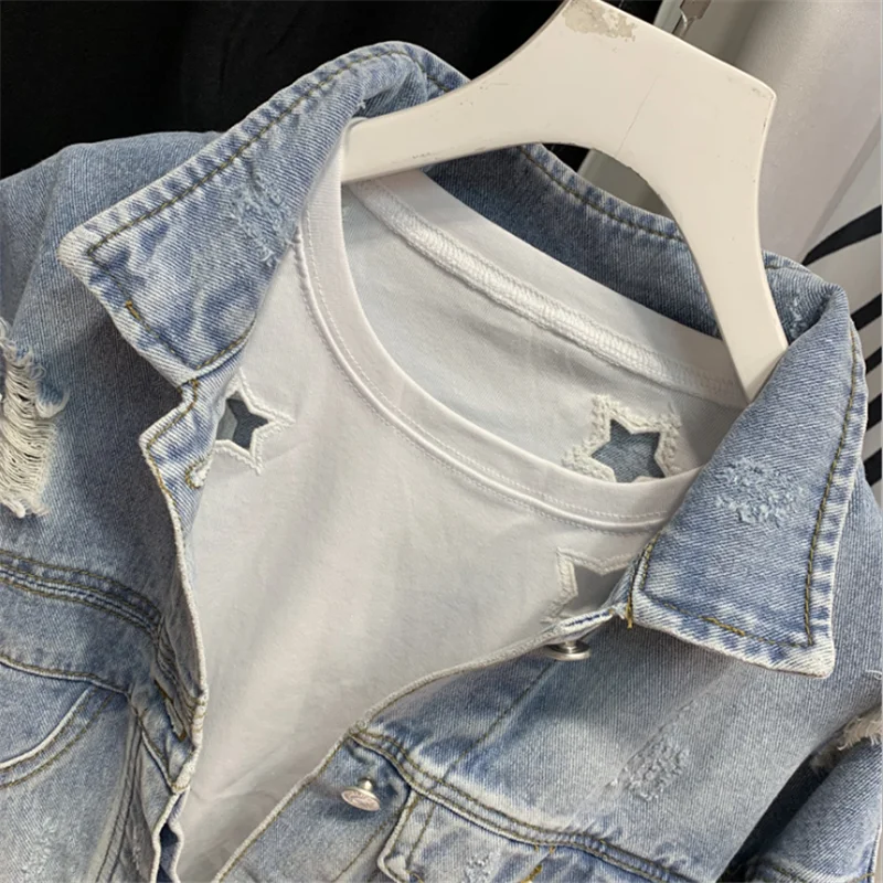 Denim Jacket Female Short Section Slim 2023 New Thin Student Long-sleeved Spring and Autumn Denim Jacket Jacket Hole Size