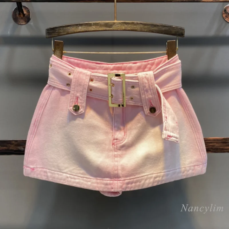 Fashion Pink Denim Skirt for Women New Spring Autumn Korean Style Belt High Waist A- Line Short Pantskirt Lady Skirts 2022