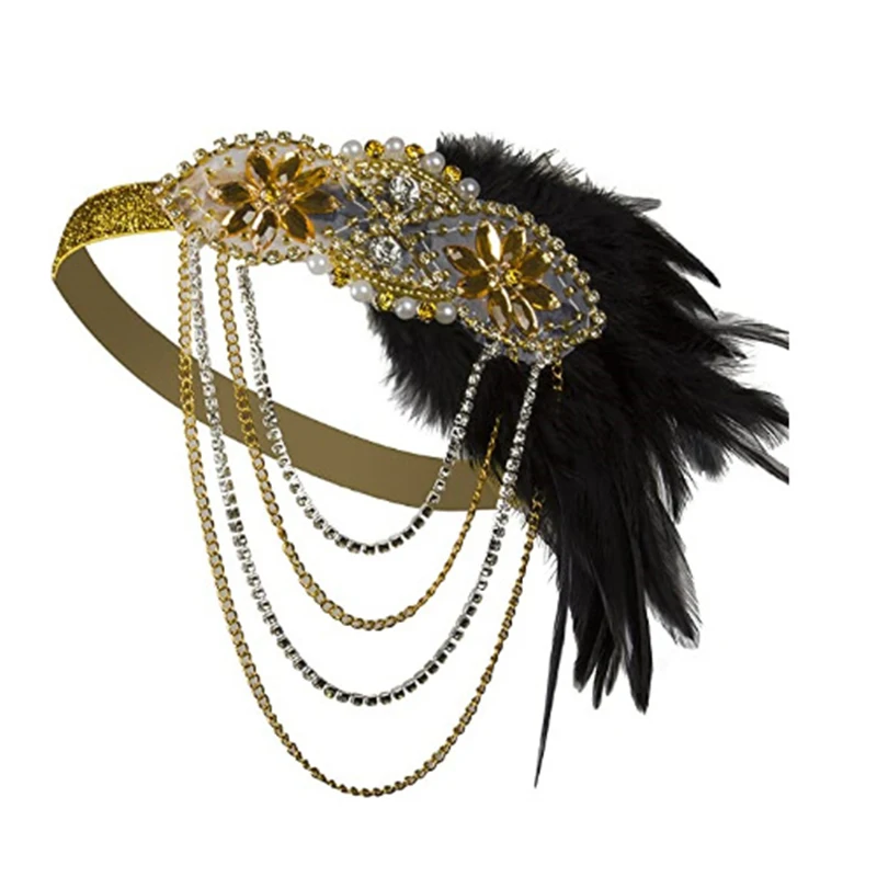 5Pcs/set Women 1920S Headband The Great Gatsby Cosplay Stage Performance Retro Feather Headband Necklace Earring Accessories Set