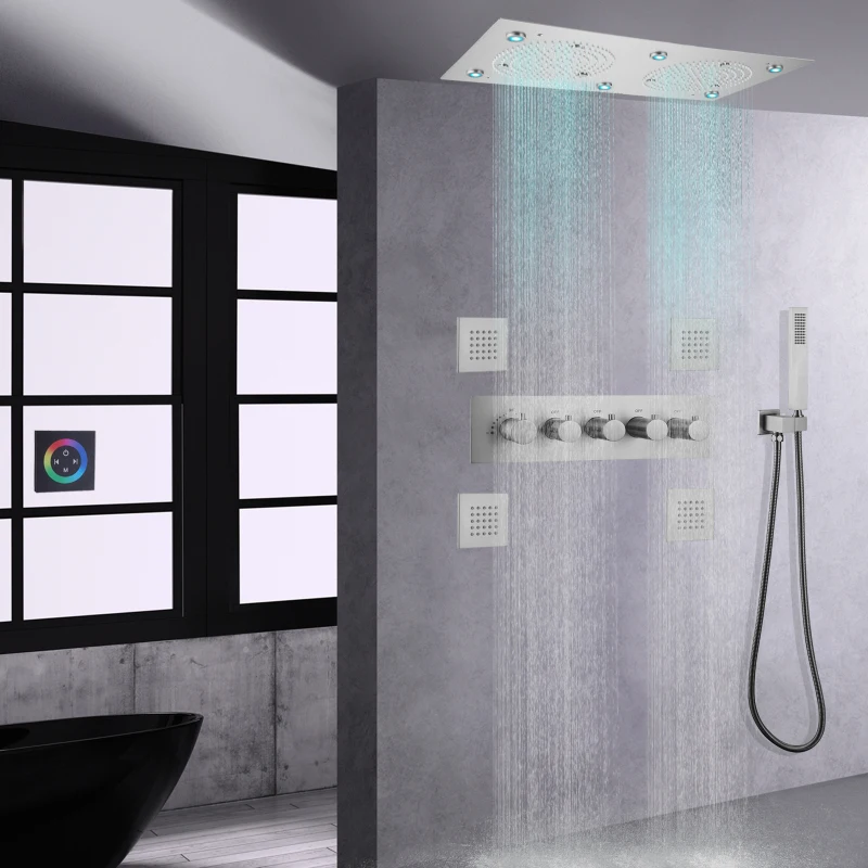 

Brushed Nickel Thermostatic Shower Head Douche Bathroom Modern Luxury Rainfall LED Shower Panel Atomization Spa