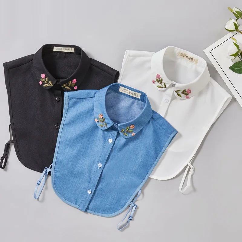 Embrodiery Fake Collar Women Detachable Collar False Collar Denim Lapel  Woman Removable Dickie Half Shirt Neckline Faux Col