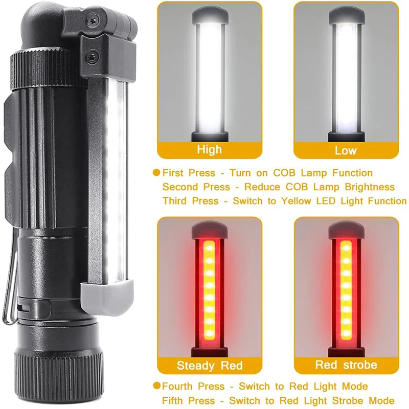 COB LED Work Light 5 Lighting Modes Rechargeable COB Flashlight 2000 Lumen Powerful with Magnet Inspection Lamp Hanging Torch