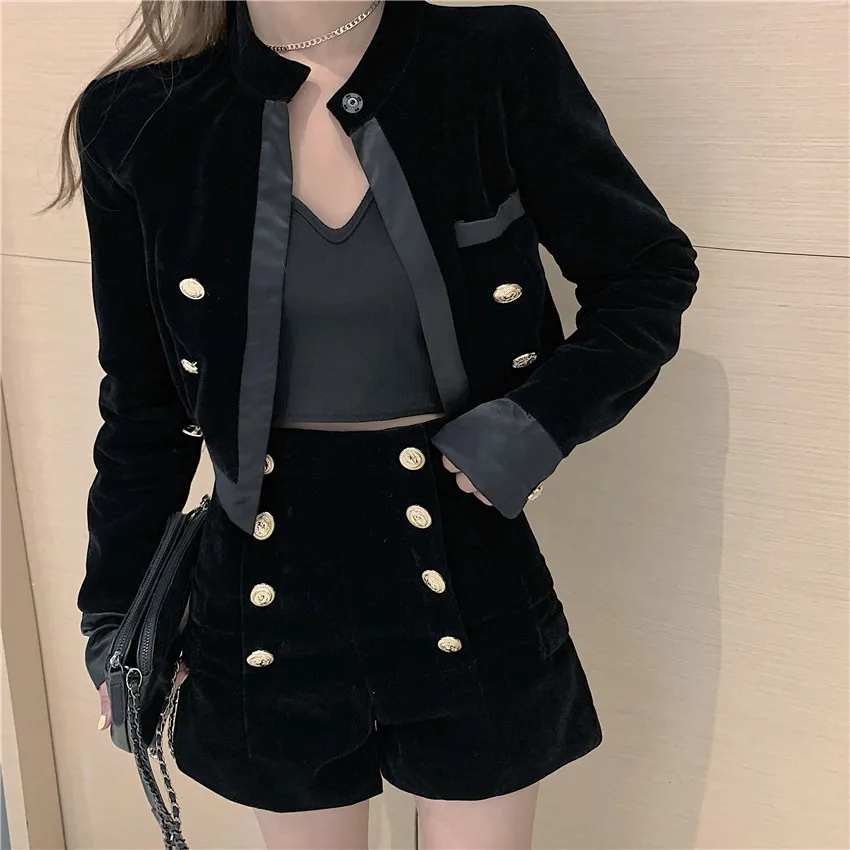 Autumn Two Piece Big Size Vintage Women Gold Velvet Blazer +Gold Velvet Shorts Formal Suits Loose Lady Black Blazer Coat WZ1234