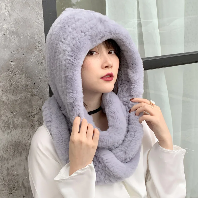 BESFILIN Real Rex Rabbit Fur Scarf Hat for Women, Multifunctional Knitted Hat, Keep Warm, Double Faced, Autumn and Winter