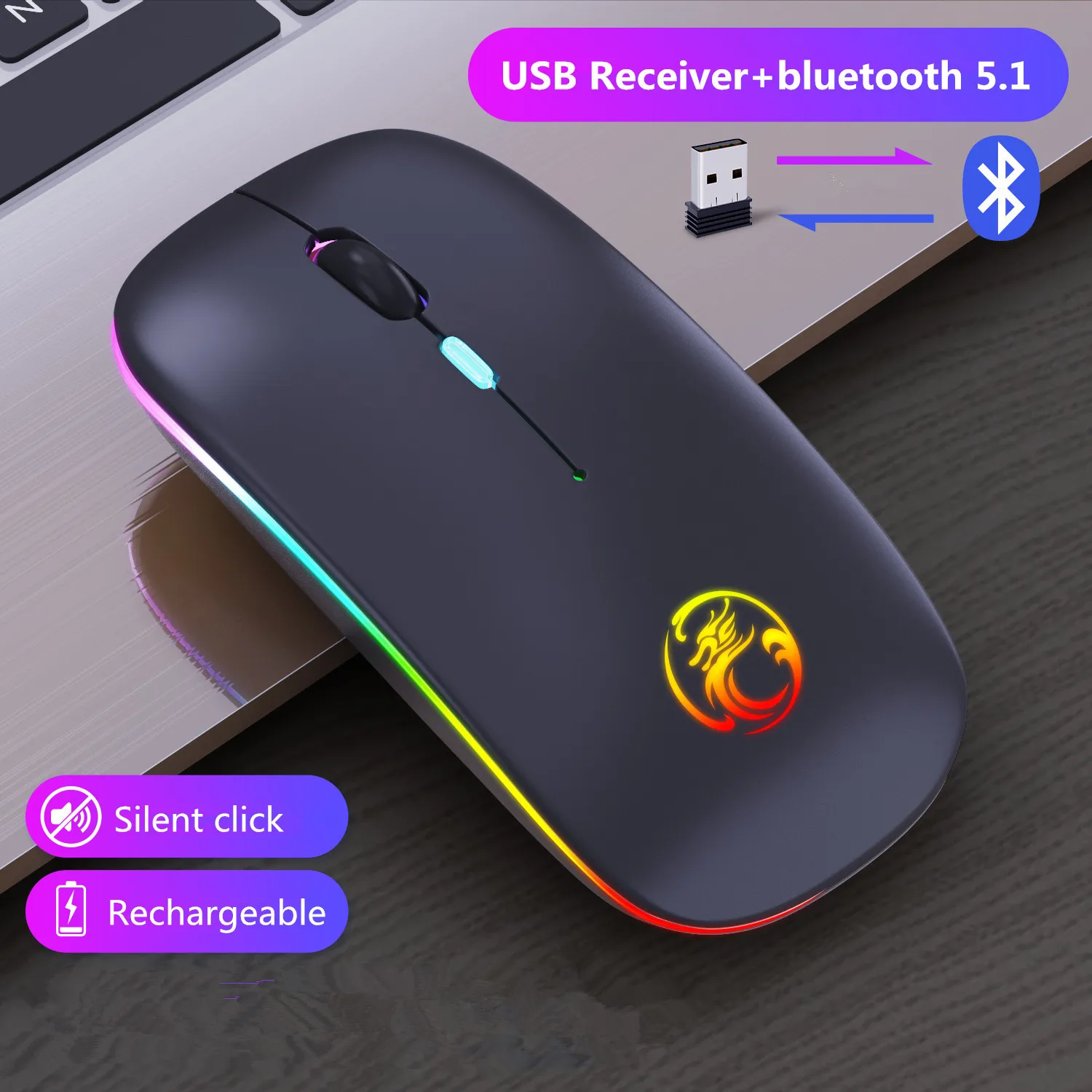 Rechargeable Silent Bluetooth Wireless Mouse RGB Office Home USB 2.0 Receiver 2.4Ghz Optical Mice For Laptop PC Black Silvery