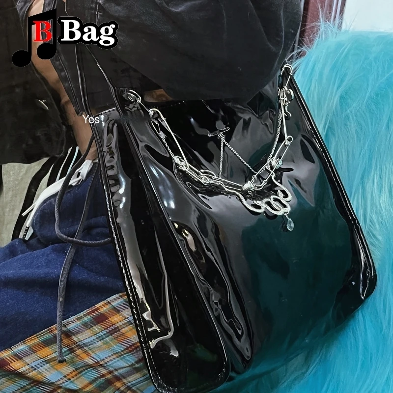 Women Y2K Bright Black Patent Leather Single Shoulder Bags Underarm Bag Hot Girls Handbag Female Punk Chain Large capacity Tote