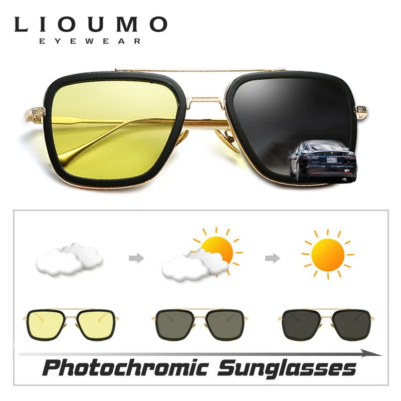 LIOUMO Luxury Fashion Tony Stark Sunglasses Men Women Photochromic Polarized Driving Glasses Steam Punk oculos de sol feminino