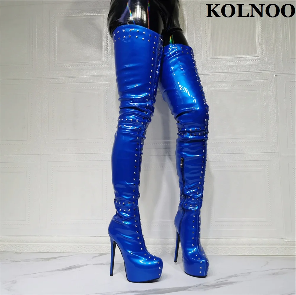 

Kolnoo 2022 New Handamde Womens Thigh High Boots Rivets Spikes Real Photos Sexy Evening Over Knee Boots Fashion Party Club Shoes