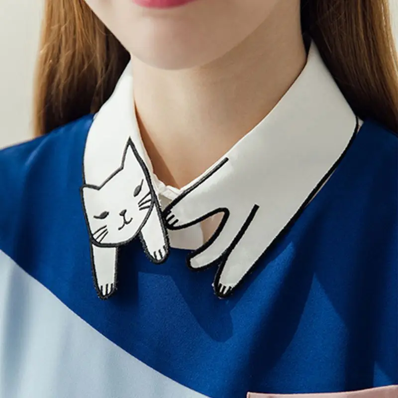 Retro British Style Women Girls Cotton False Fake Collar Cute Cartoon Cat Embroidery Casual Detachable Lapel Half-Shirt Blouse