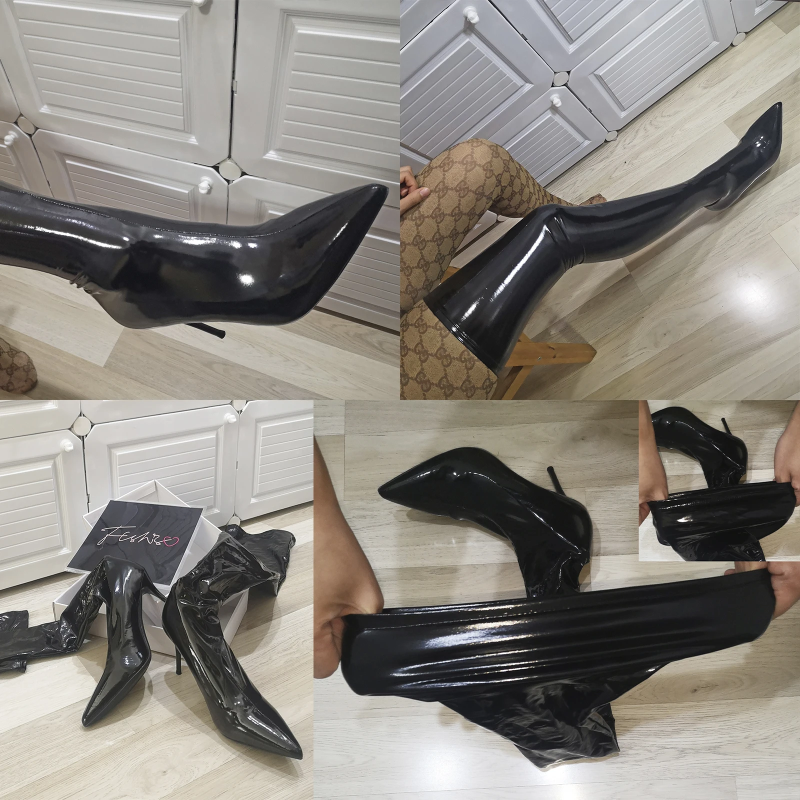 Ftshist Sexy Shiny Patent Leather Thigh Boots PU Leather Over The Knee Socks Boots Plus Size Black Elastic Super High Heel Shoes