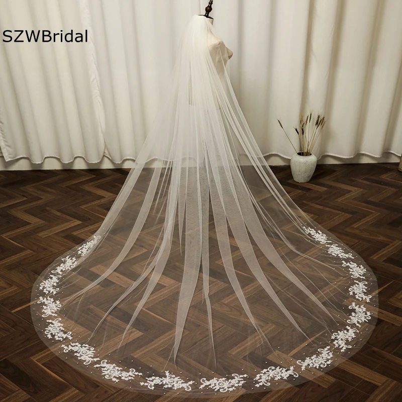 

New Arrival 3M White Ivory Wedding veils Lace Pearl Veil wedding accessories Bride Velos de novia Boda Bridal veil