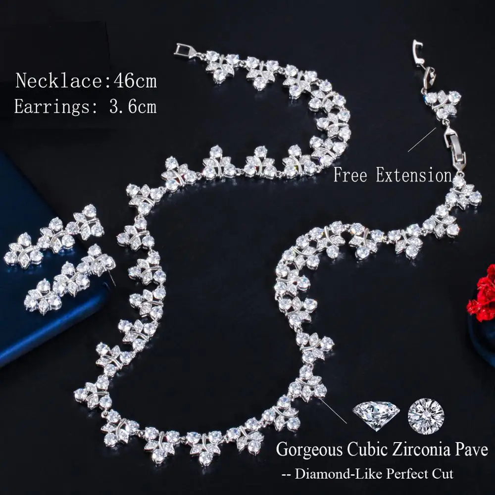 CWWZircons Blue Cubic Zirconia Crystal Leaf Shape Bridal Party Choker Necklace and Earrings Jewelry Set for Wedding Costume T474