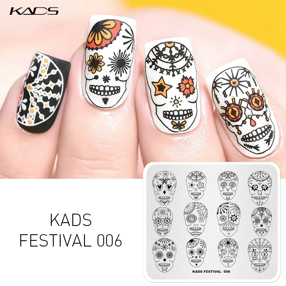 KADS-Plaque d'estampage d'ongles d'Halloween, modèle de crâne, images, galets pour nail art, timbre, vernis, design de festival