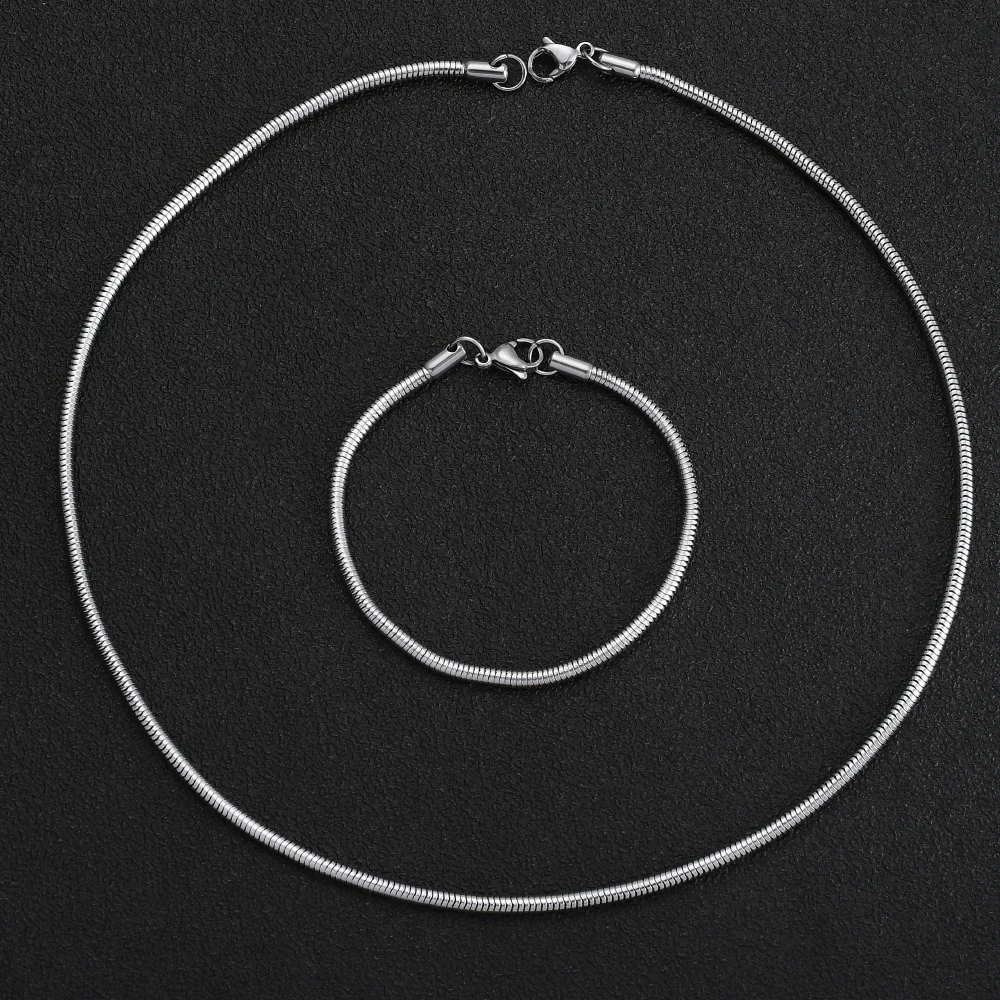 Width 3MM 316L Stainless Steel Round Snake Chain Necklace & Bracelet Fashion Jewelry Set For Men and Women Party Gifts drop ship