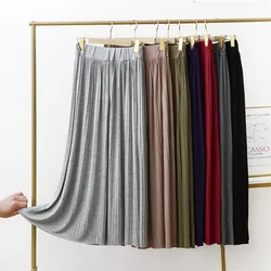 Summer Autumn Women Long Pleated Skirts Elastic High Waist All Match A Line Modal Skirt Female Big Swing Bodycon Maxi Skirt Saia