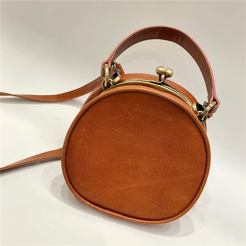 Genuine Leather Circular Clip Bag Women Crossbody Bags Vintage Handwork Shoulder Bag Female Handbags Designer Brand Purse Clutch