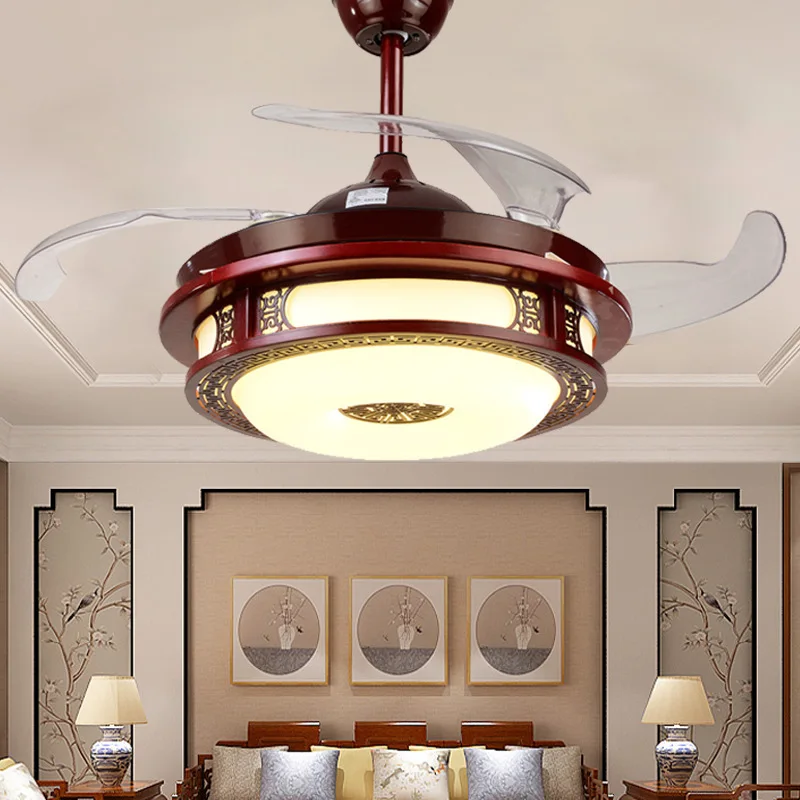 New Chinese fan lamp invisible ceiling fan lamp restaurant lamp mute led lamp solid wood retro study remote control pendant lamp