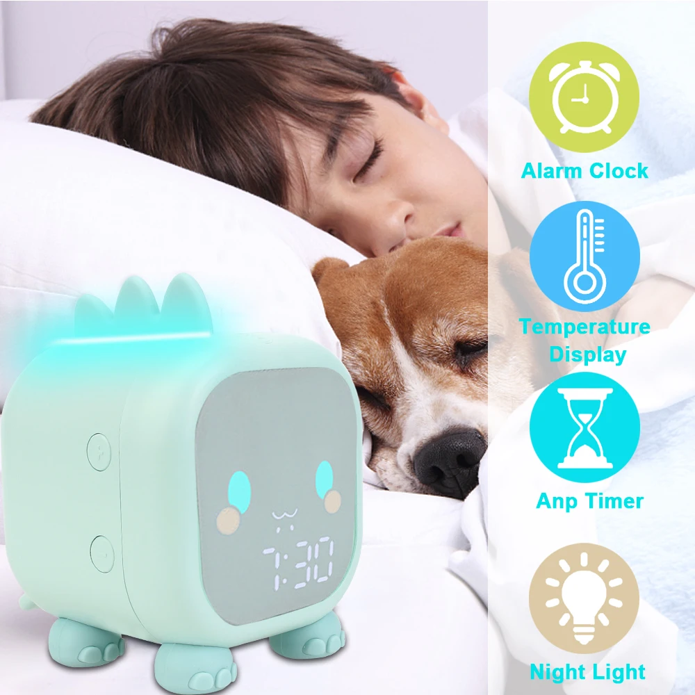 

With Voice Control Kids Alarm Clock Digital Temperature Display Cute Dinosaur Bedside LED Clock Children's Sleep Trainier