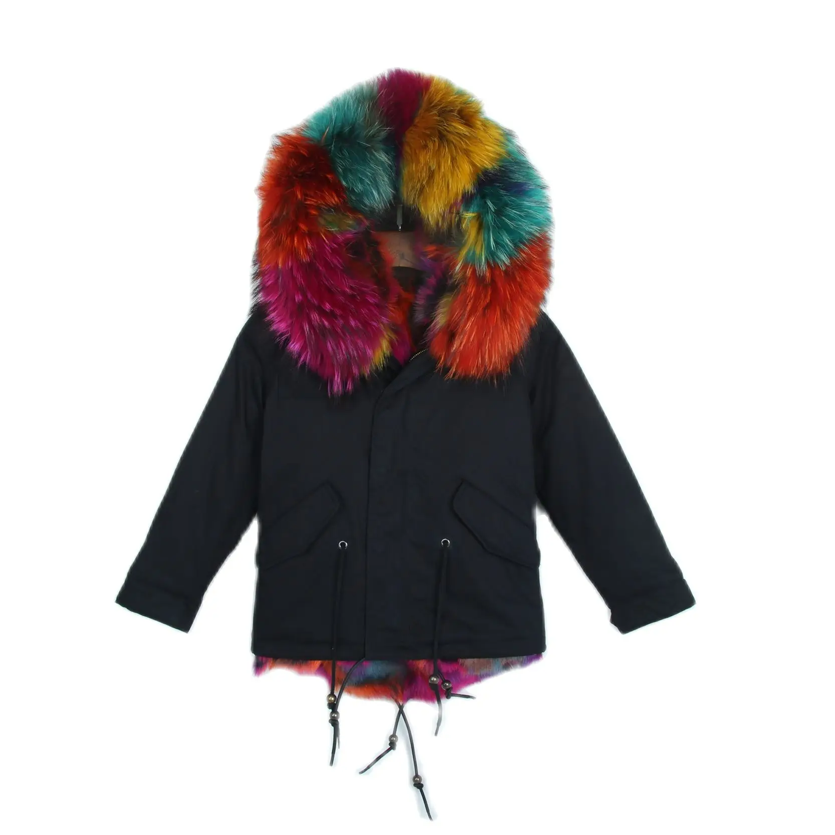 

New Design Attractive Short Colorful Fox Fur Lined Parka Winter Coat For Kids Windproof Children Black Outwear