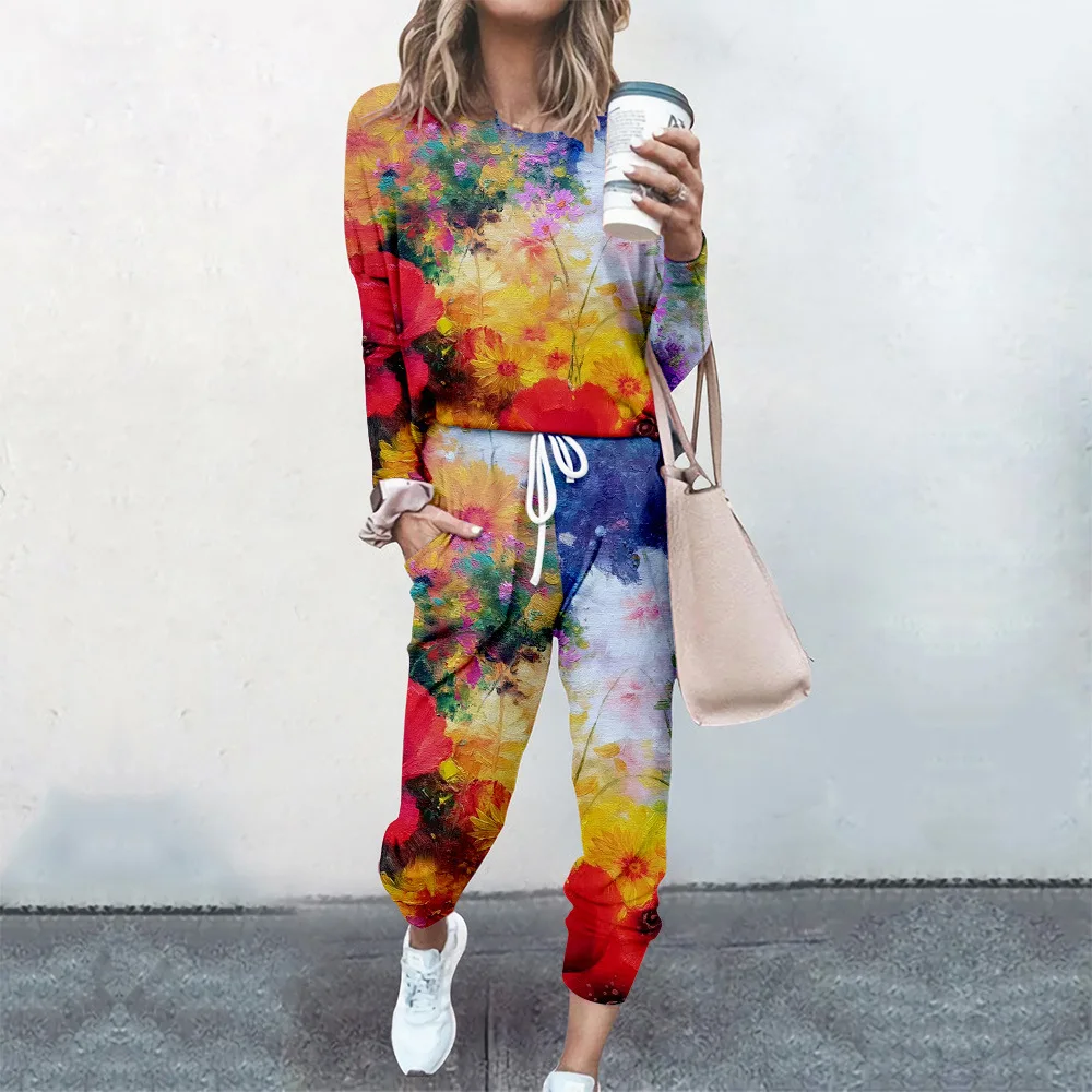 

Women 2 Piece Sets Pullovers Cloting Long Sleeve Colorful Print Female Tops And Elastic Waist Pants Casual Streetwear Tracksuit