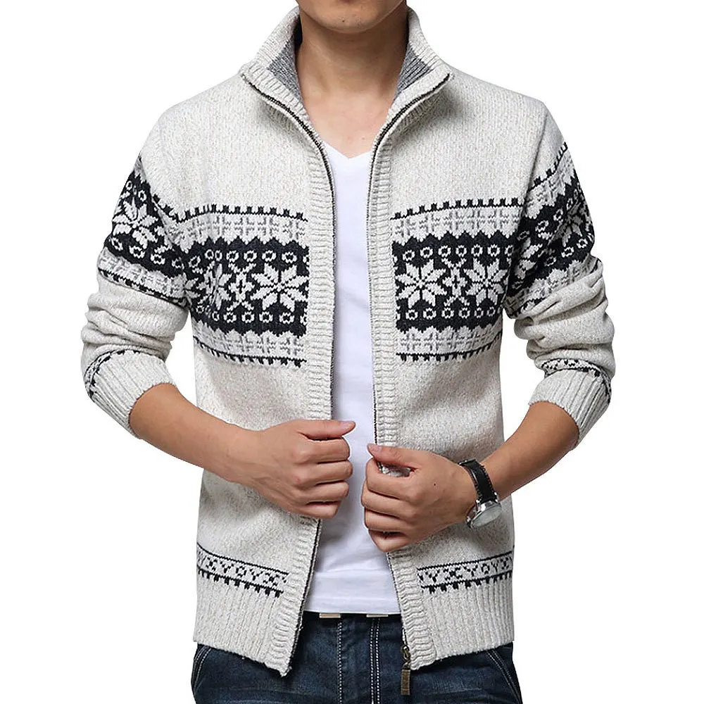 Camisola de gola mandarim masculina, Cardigans de malha, monocromática, ajuste grosso, casual, outono, inverno, nova