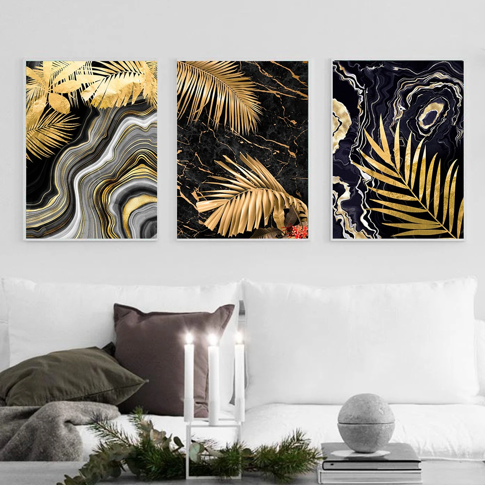 Black Gold Marble Tropic Plant Posters and Prints Gold Leaves Canvas Painting Modern Nordic Wall Art Picture For Home Decoration