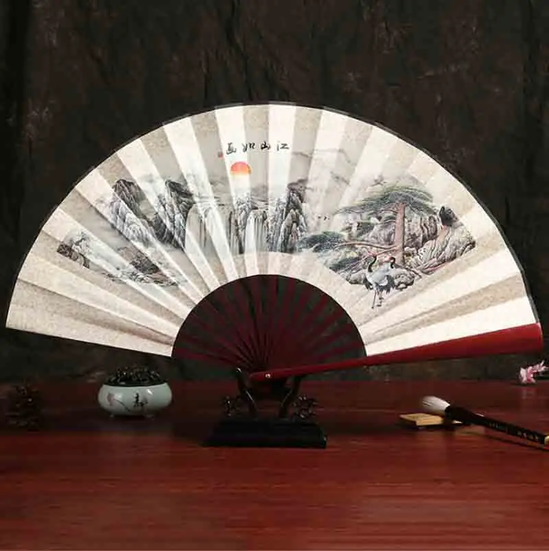 Men`s Two-sided Folding Fan Chinese Vintage Hanfu Men Cotton-Like Lustring Folding Fan Portable Folding Hand-Fan Gift For Men