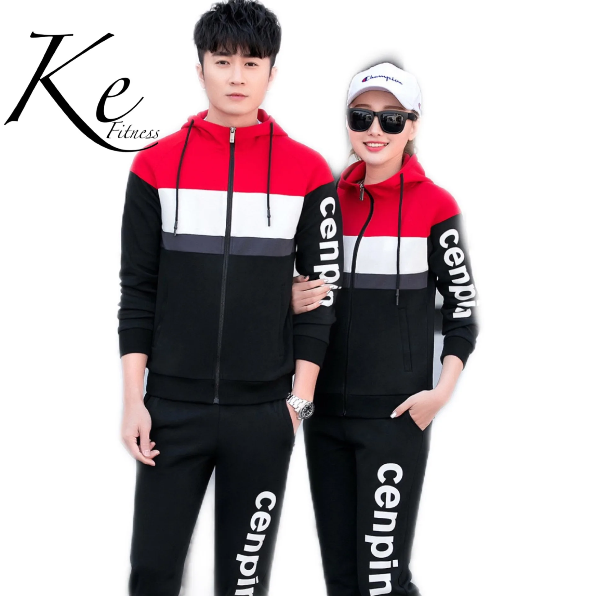 

KE336 Couple sports suits women's coton red black large size running clothes men's sportswear suits sweater two-piece tracksuit