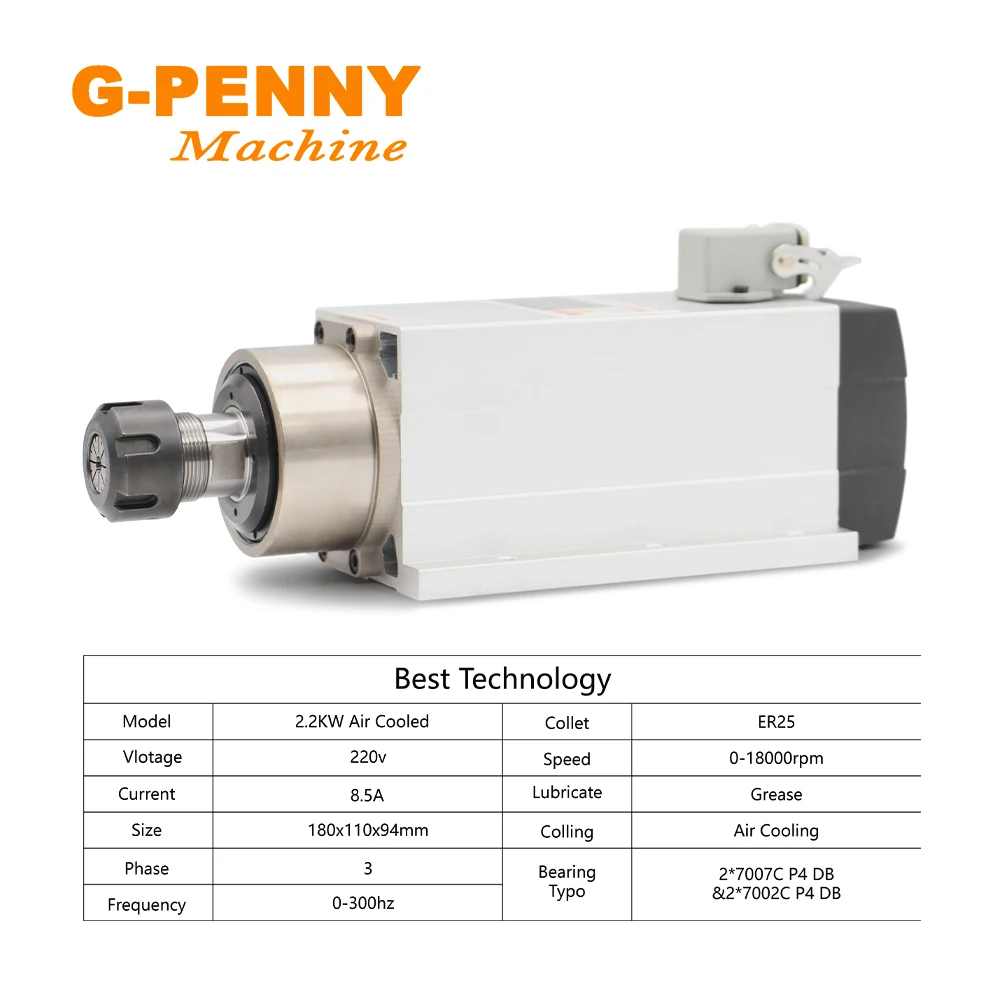 2.2kw ER25 220v/380v air cooled spindle motor with flange air cooling ceramic ball bearings spindle 0.01mm accuracy