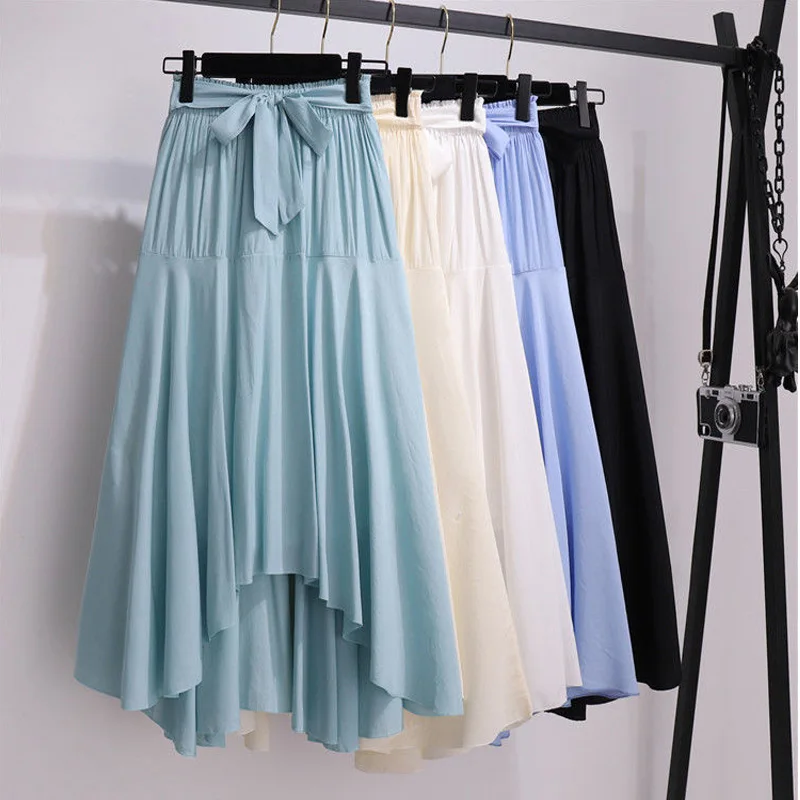 2021 Summer Irregular Long Maxi Skirt Women Beige Black White High Waist Midi A Line Skirts Female Boho Beach Skirt With Sashes