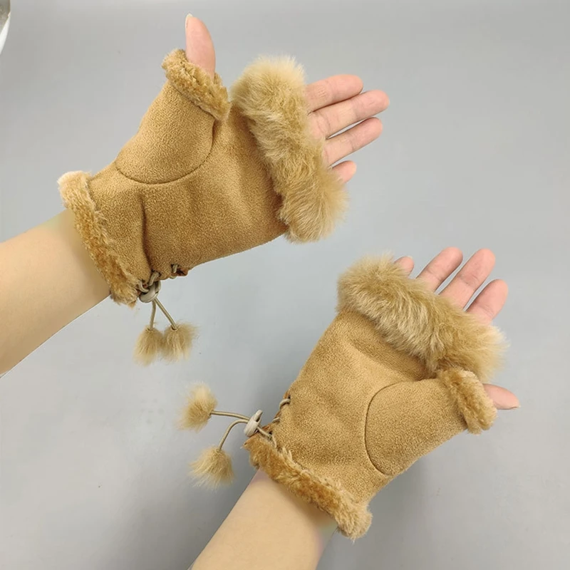 Women Winter Half Finger Gloves Lady Outdoor Faux Rabbit Fur Warm Mittens Plush Fleece Lined Driving Riding Gloves