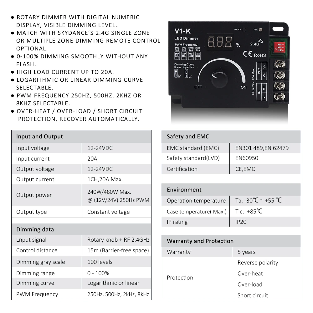 LED Strip Dimmer 12V 24V PWM Frequency Adjustable 1CH 20A Rotary Knob 2.4G RF LED Dimmer Touch Remote Control Dimer V1-K